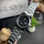 Tissot PRX Black with white straps & black dialer in front view