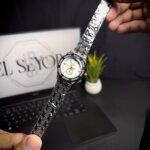Women watch diamond dial white with front view & open straps