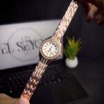Women watch hexicle rose-gold front view white clock circle