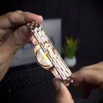 Women watch hexicle rose-gold back view with golden straps