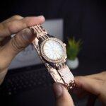 Women watch hexicle rose-gold front view white clock circle