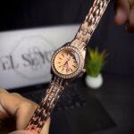Women watch hexicle rose-gold front wrist view with open straps