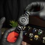 Magnetic balls movement close view with black straps