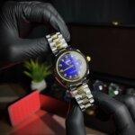 Rolex day-date blue front wrist view with blue dialer and straps